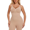A model wearing a beige full body shapewear bodysuit for slimming.