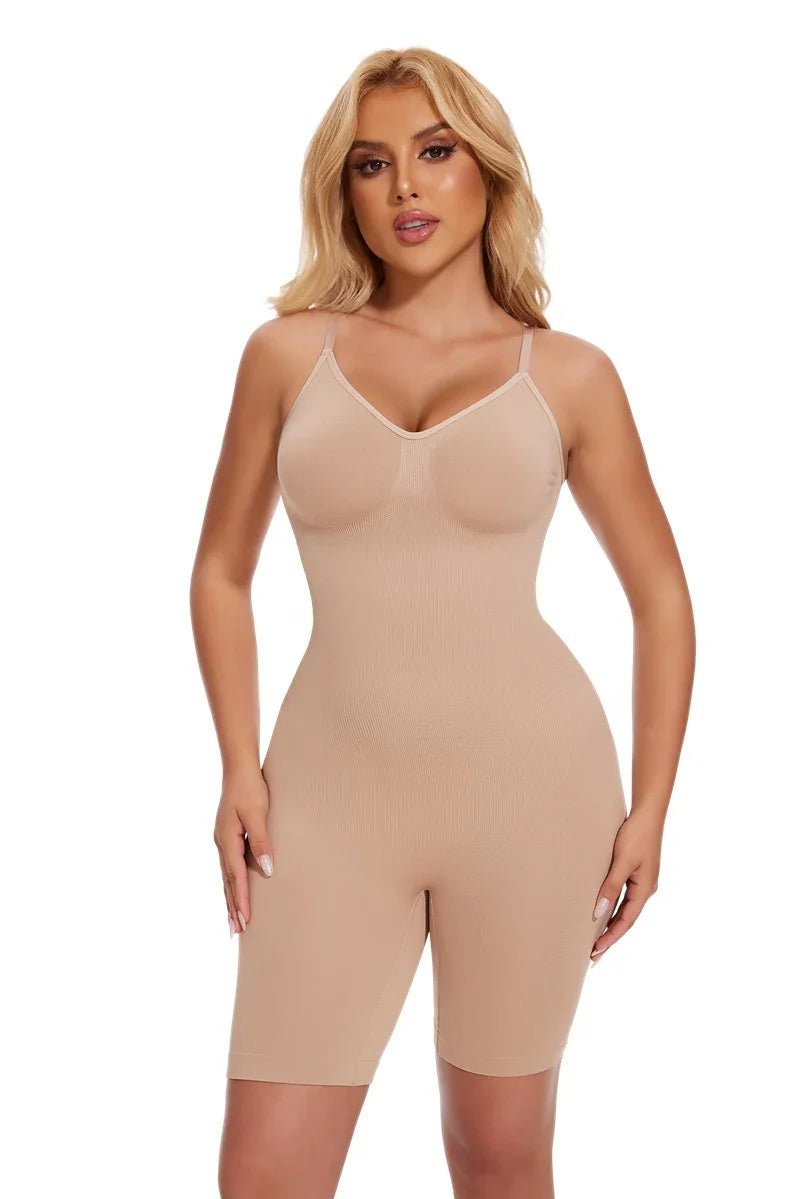 A model wearing a beige full body shapewear bodysuit for slimming.