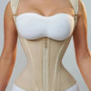 A beige adjustable body shaper corset vest top worn by a model.
