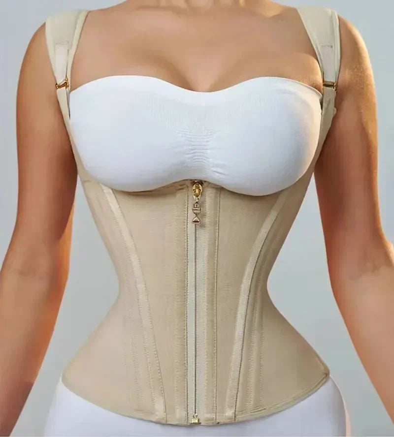 A beige adjustable body shaper corset vest top worn by a model.