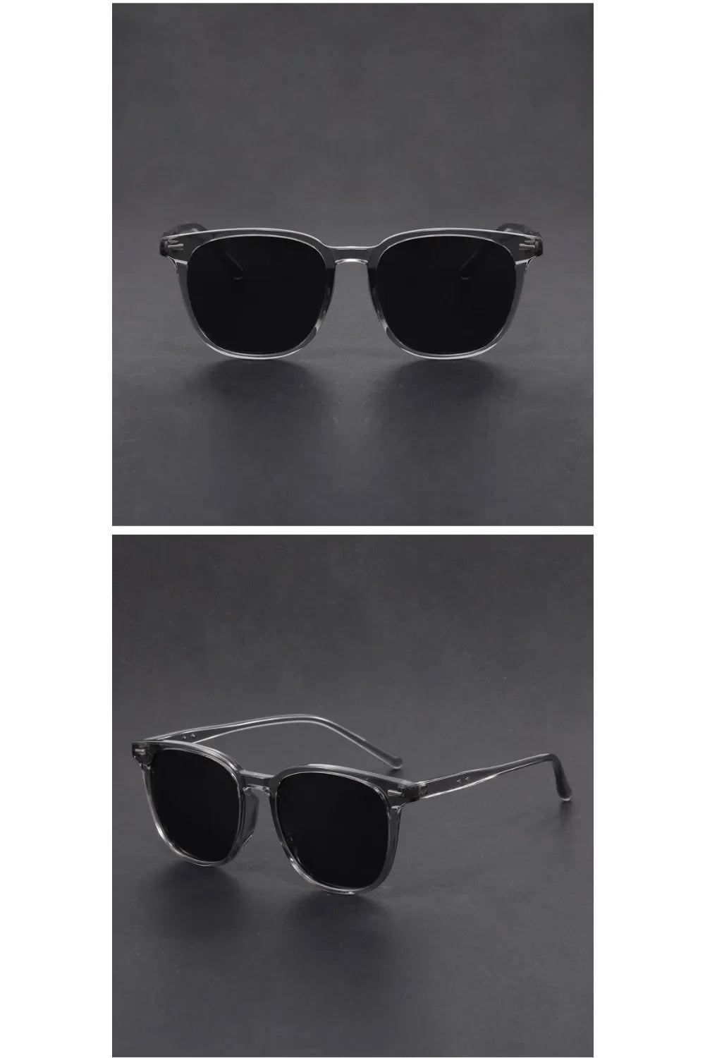 A pair of black, ultralight square sunglasses shown in two views.