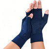 A hand wearing a navy blue compression glove for joint support.