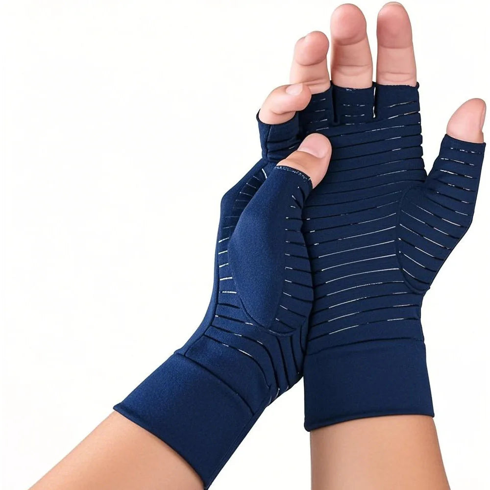 A hand wearing a navy blue compression glove for joint support.