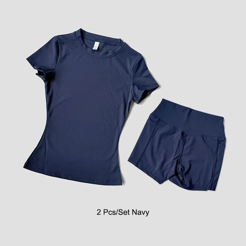Set de yoga para mujer de cintura alta color azul marino, incluye camiseta y shorts