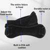 Black knee support strap showing adjustment points for Velcro, buckle, and EVA cushion.