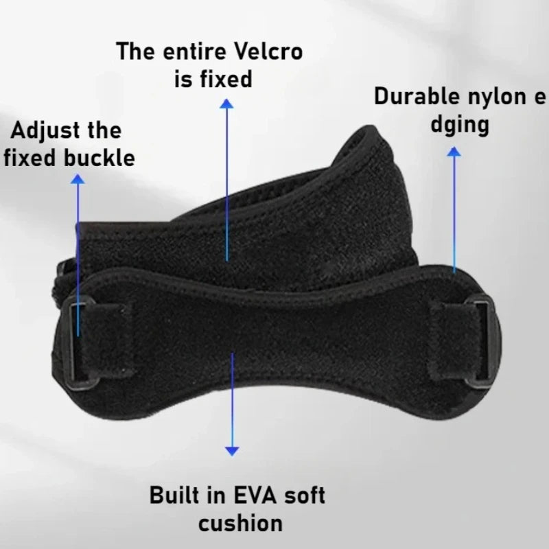 Black knee support strap showing adjustment points for Velcro, buckle, and EVA cushion.