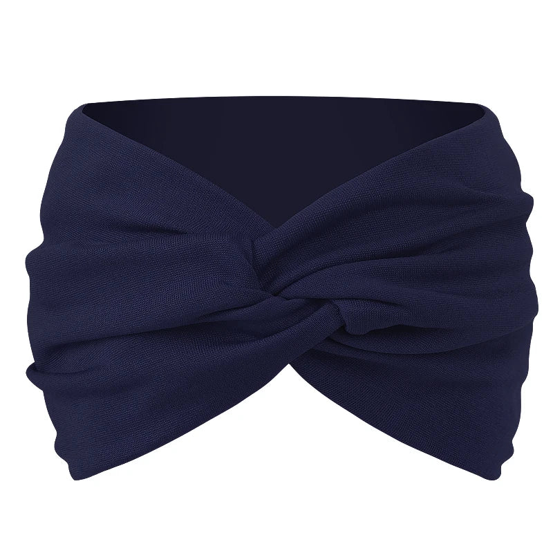 Navy blue twisted criss cross elastic headband for yoga and sports