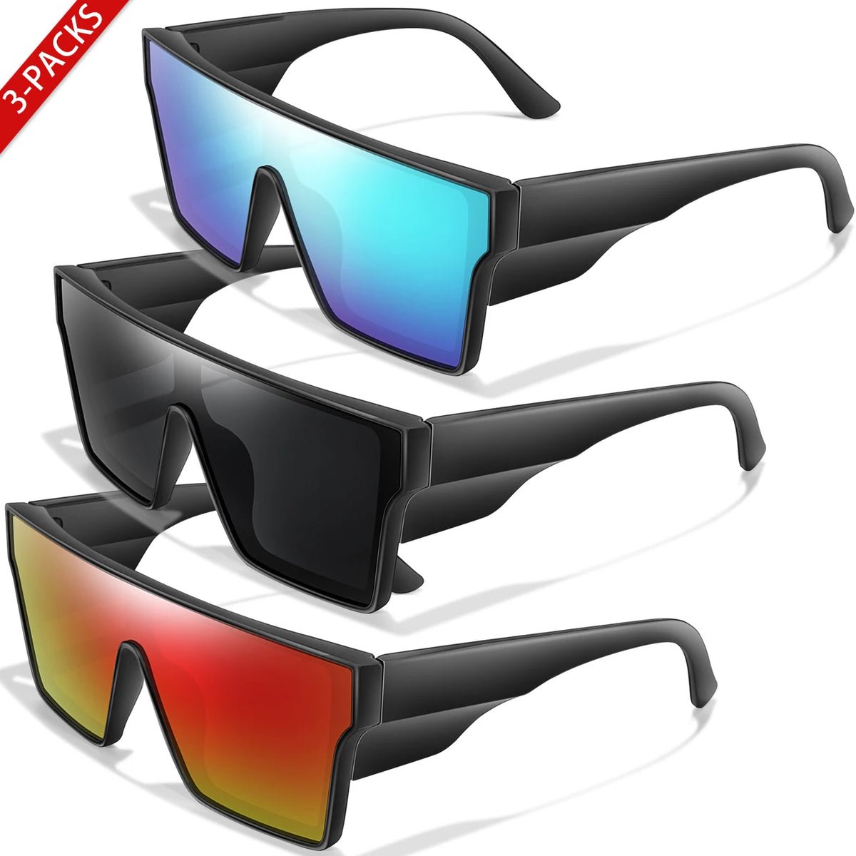 Tres pares de gafas de sol negras con lentes de colores mostrados desde varios ángulos