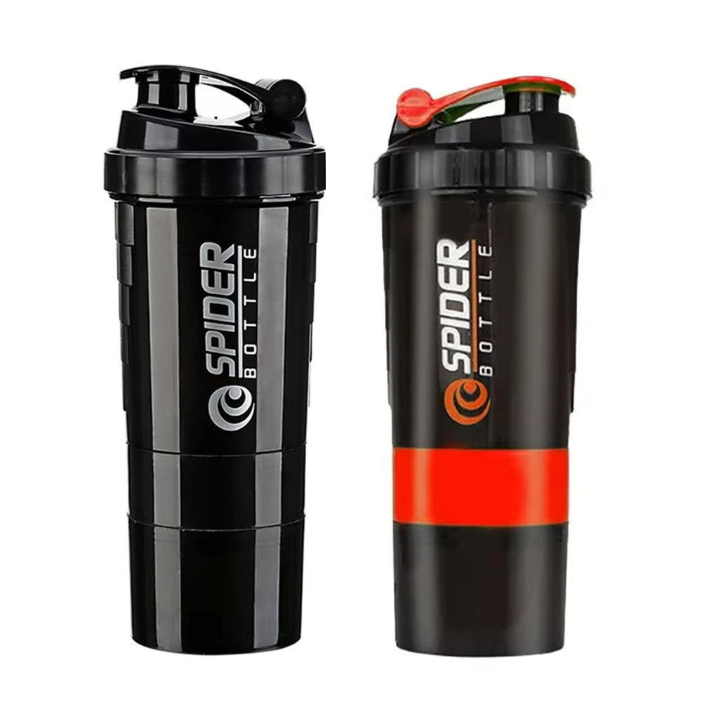 Black leak-proof protein shaker bottle with a red cap and pill tray
