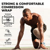 A muscular man demonstrates a strong and comfortable compression wrap stretching easily to cover all body parts.