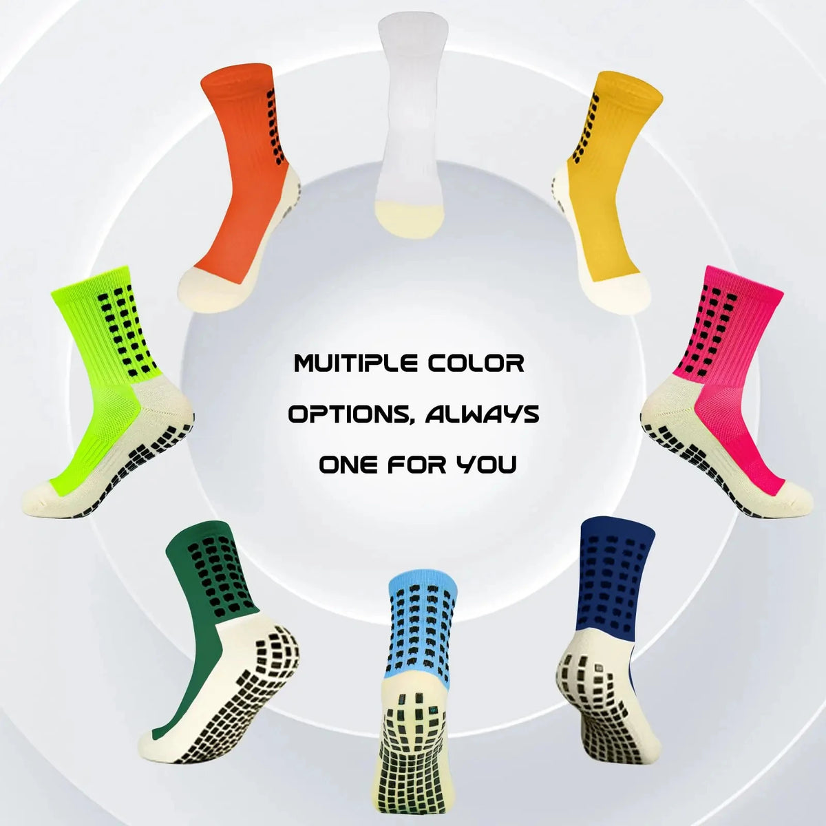 A variety of multi-color silicone grip socks displayed in a circular arrangement.