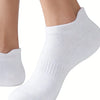 A close-up view of a white knitted ankle sock worn on a foot.