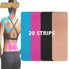 A set of 20 colored kinesiology tape strips displayed next to a person wearing black athletic wear.