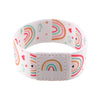A white stretch wristband bracelet featuring colorful rainbow designs and hearts.