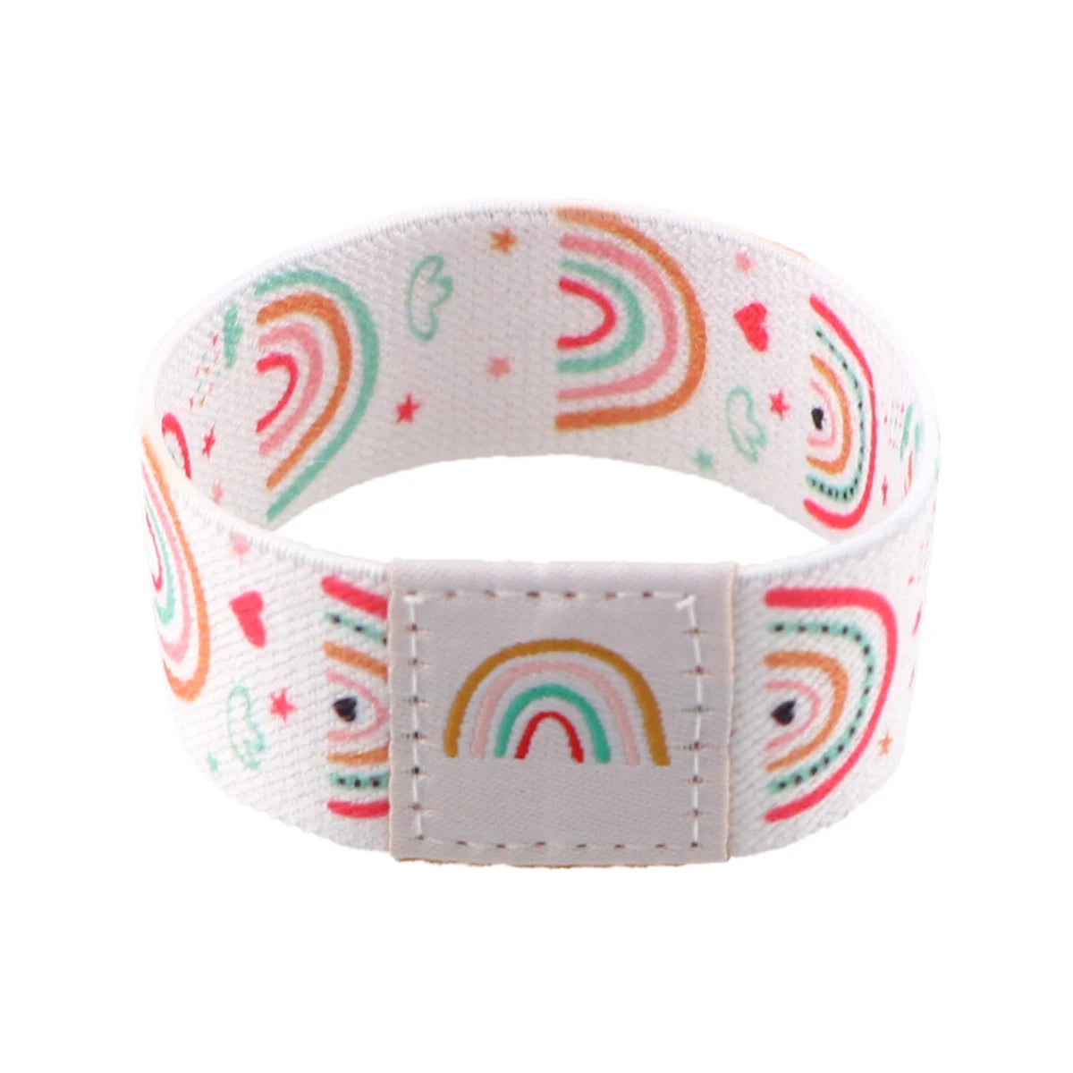 A white stretch wristband bracelet featuring colorful rainbow designs and hearts.