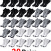 30 pairs of athletic running socks in black, white, and gray colors displayed in a grid.
