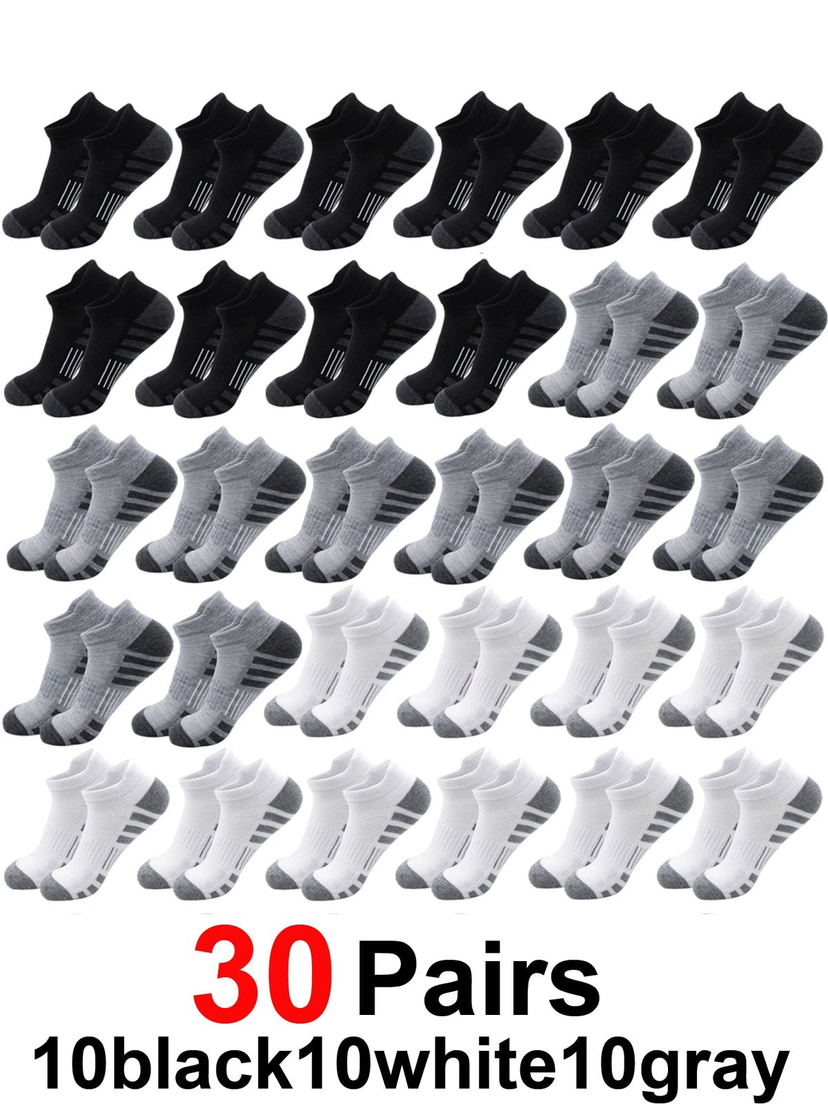 30 pairs of athletic running socks in black, white, and gray colors displayed in a grid.