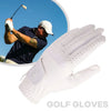 A white men's breathable golf glove is shown next to a golfer swinging a club.