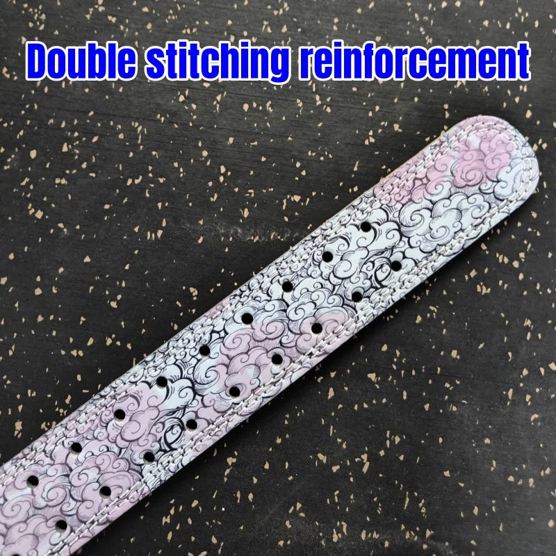 A close-up of a light purple and black patterned weightlifting belt with double stitching reinforcement.