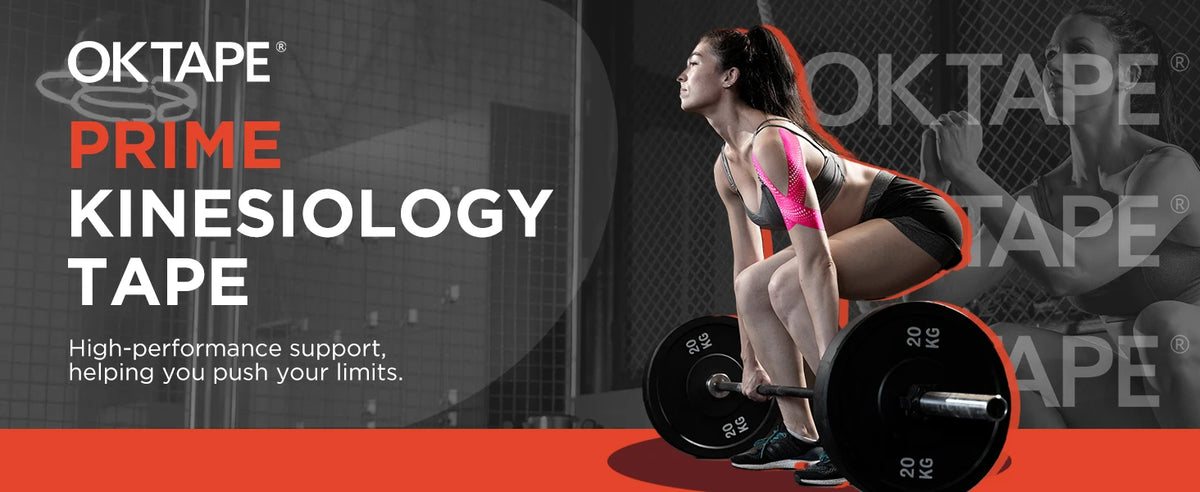A woman wearing pink kinesiology tape is shown exercising with dumbbells.