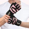 A person is wearing black and pink anti-slip weightlifting hand protection gloves on their hand.
