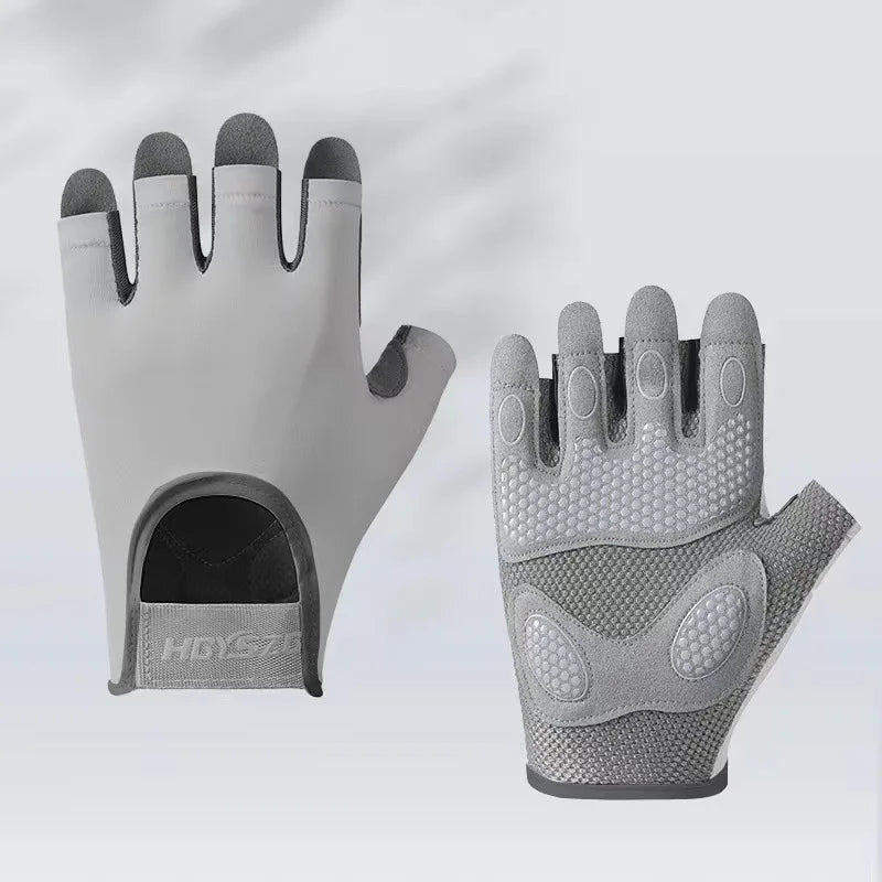 A pair of light gray comfort cycling and workout gloves shown against a white background.