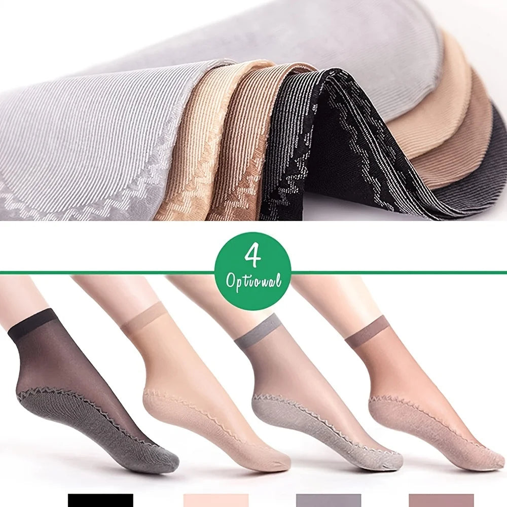 A variety of ultra-thin breathable ankle socks in neutral and black tones are displayed, showing different textures and shade