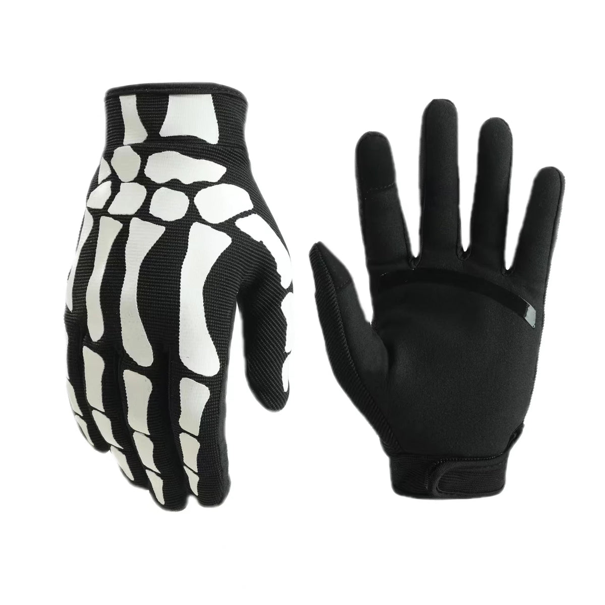 A pair of full finger motocross motorcycle gloves, black and white patterned.