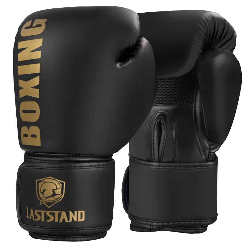 A pair of black PU leather boxing gloves with gold lettering and a Laststand logo patch.