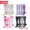 Quatre paires de chaussettes de compression pour femmes de différentes couleurs et motifs, pour le soutien des veines