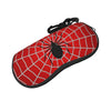 A red spider web patterned pouch with a black spider design and a black strap.