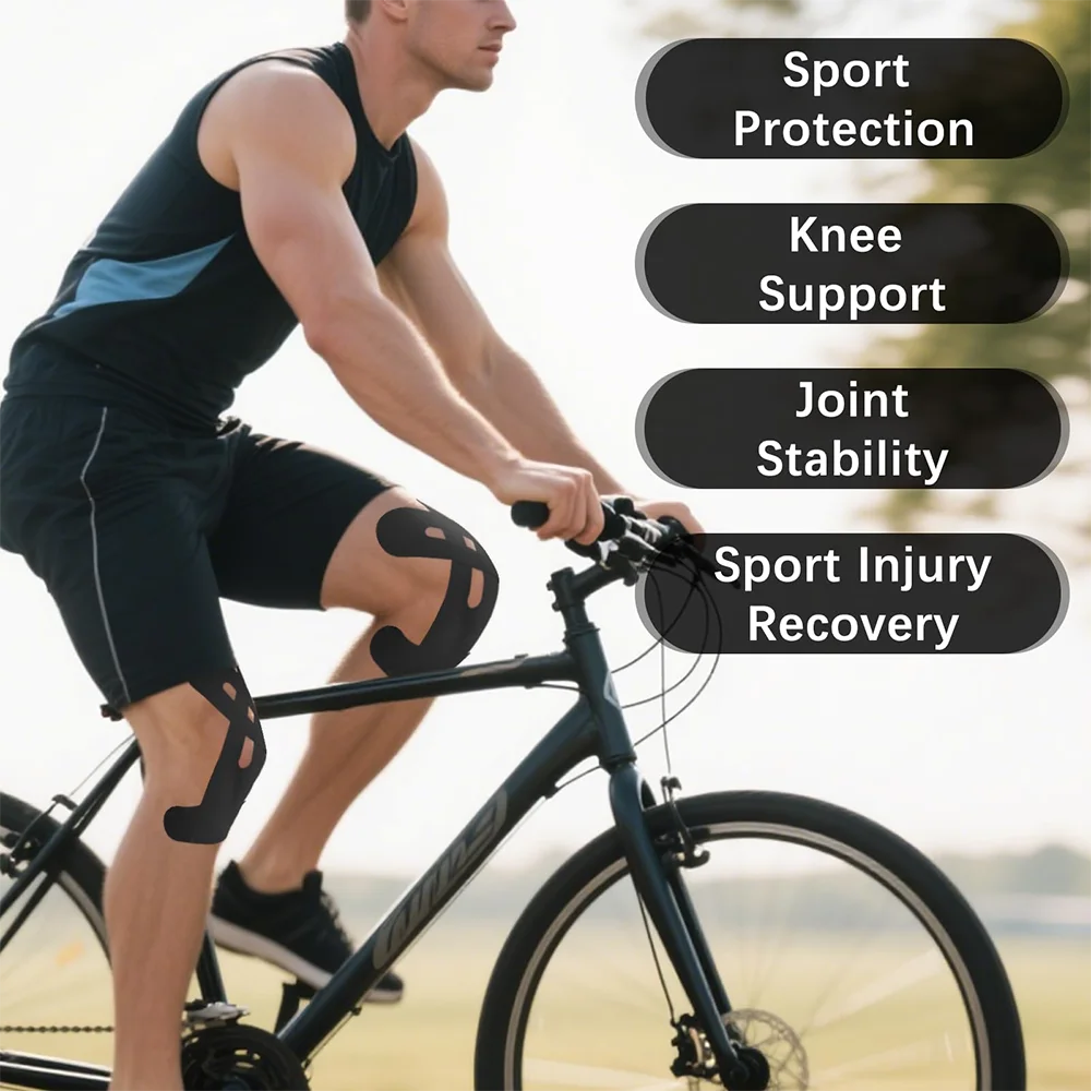 A man rides a bicycle while wearing kinesiology tape for joint support and sports injury recovery.