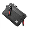 A black slim RFID blocking wallet with a zipper closure and an RFID stop symbol on the bottom.