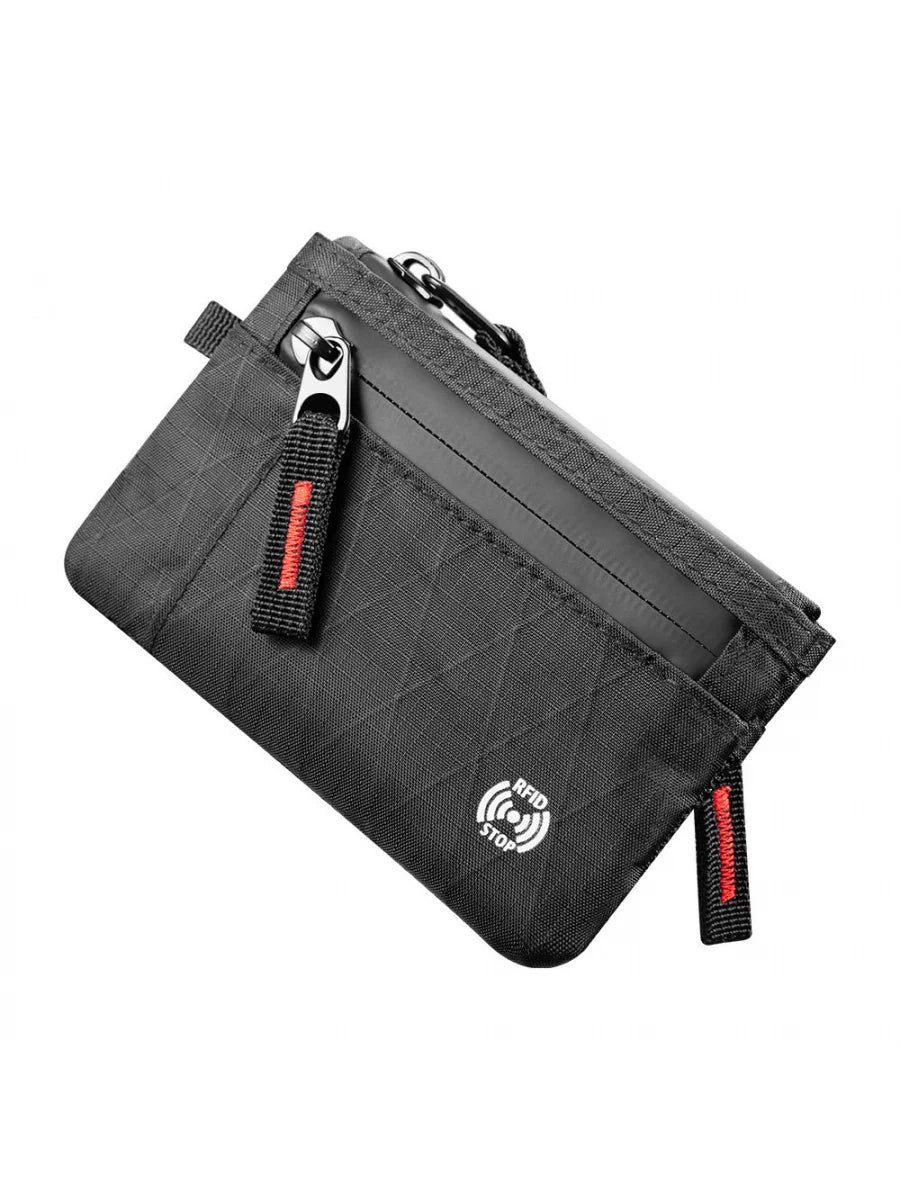 A black slim RFID blocking wallet with a zipper closure and an RFID stop symbol on the bottom.