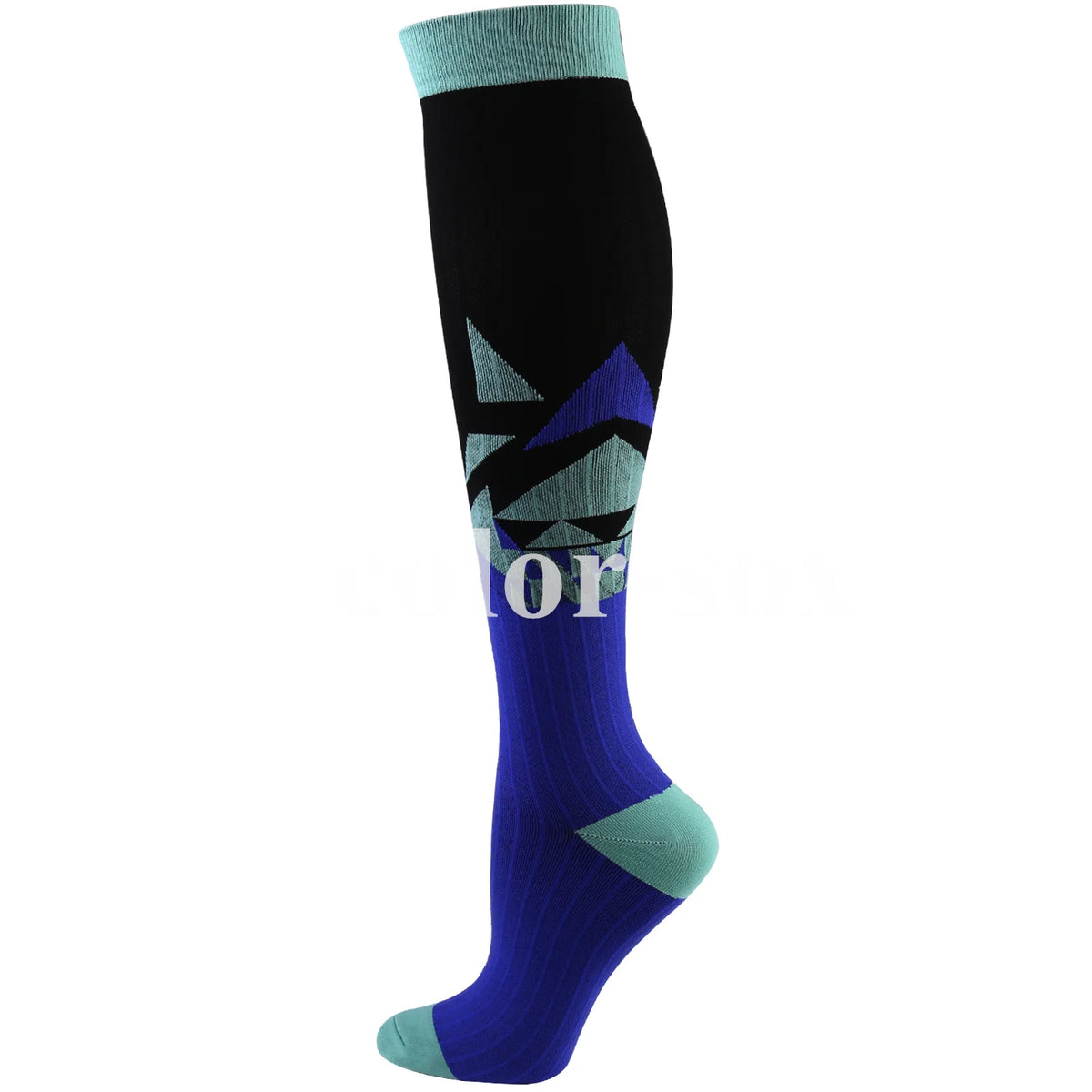 A pair of medical grade compression socks in black and teal with a geometric pattern.
