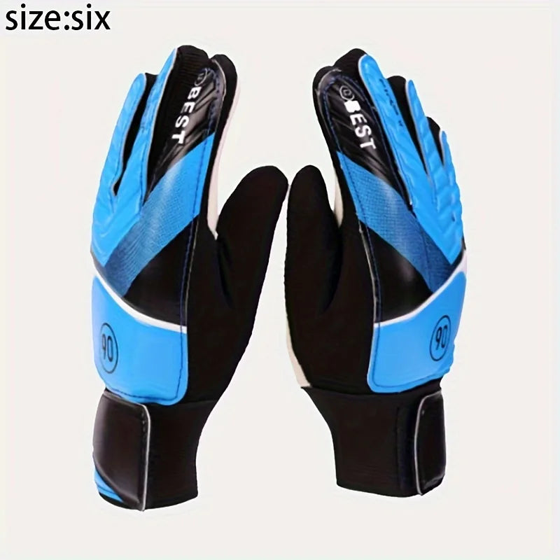 A pair of blue and black latex goalkeeper football gloves shown from the palm side.