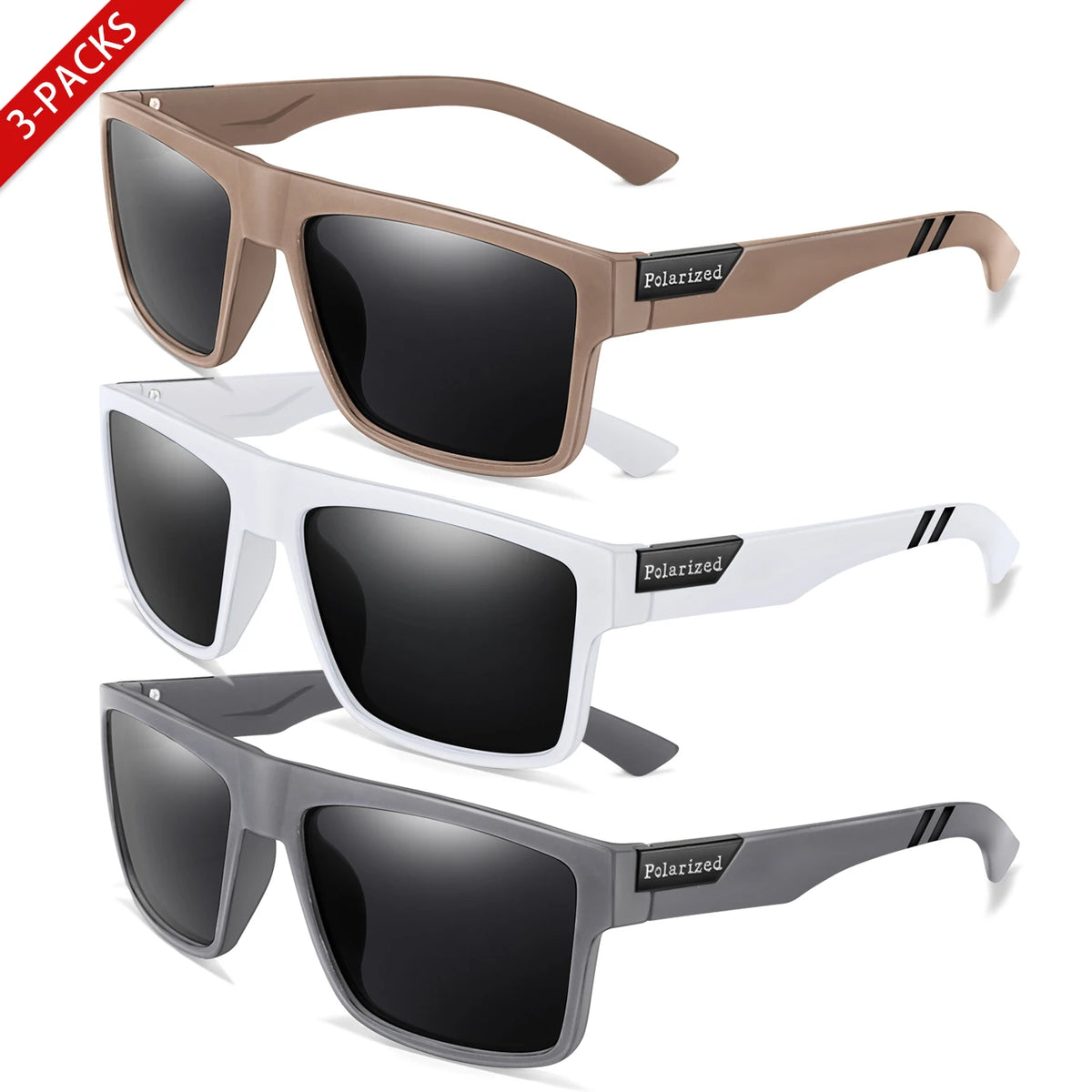Three pairs of polarized square sunglasses in brown, white, and gray colors displayed against a white background.