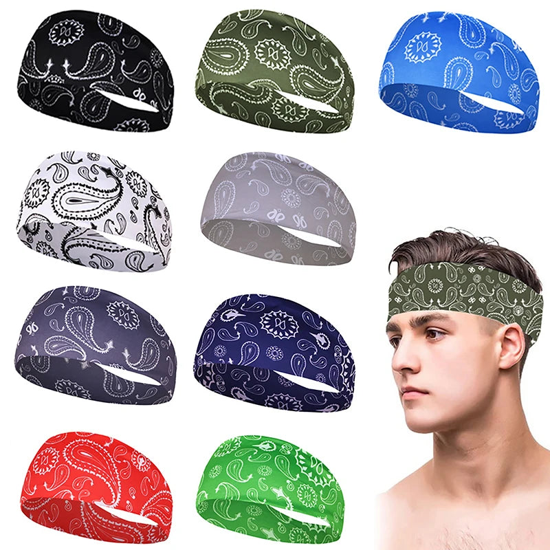 A collection of various colored elastic sports headbands for sweat absorption shown in different angles.