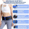 White sacroiliac hip belt shown on a model, highlighting features like neoprene, mesh, and latex strips.