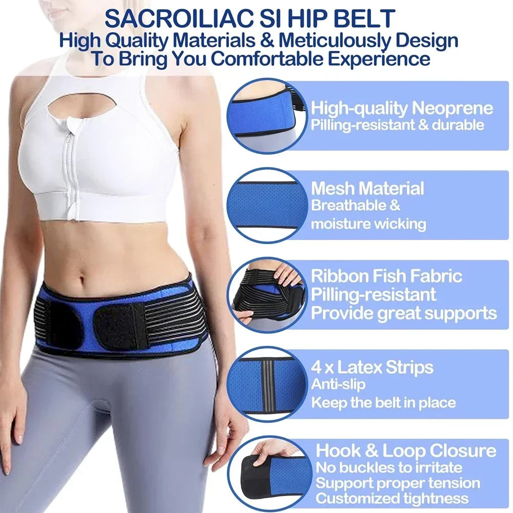 White sacroiliac hip belt shown on a model, highlighting features like neoprene, mesh, and latex strips.