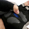 A hand wearing black and gray breathable anti-slip gym workout gloves.
