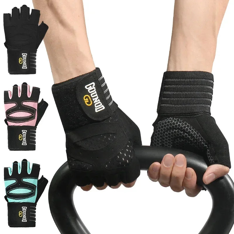 Black anti-slip weightlifting hand protection gloves shown on a hand gripping a black bar.