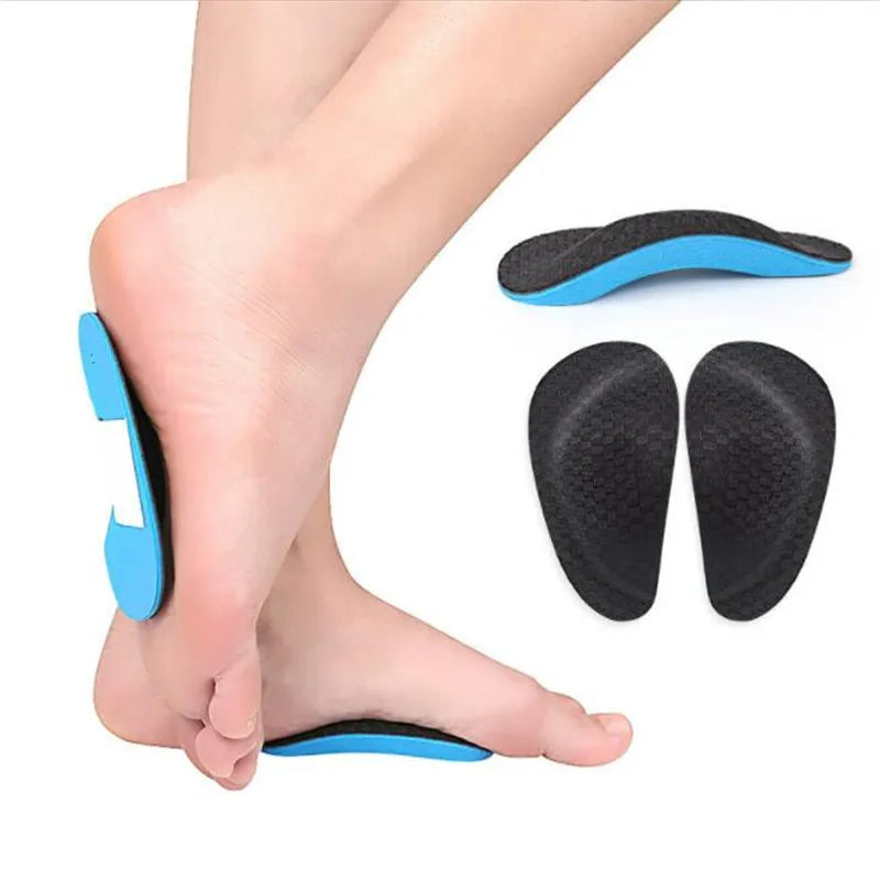 Orthopedic EVA arch support insoles shown on a foot, with separate black and blue insoles displayed.