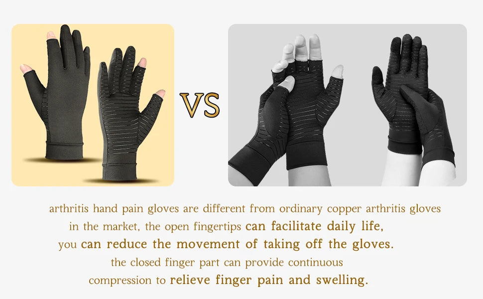 Comparison of open and closed finger arthritis hand pain gloves for relief and compression.