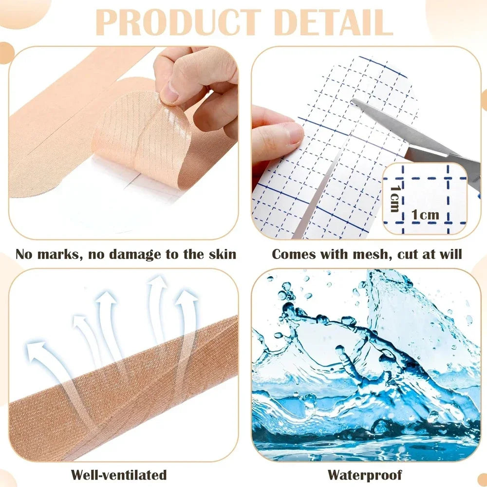 Pre-cut kinesiology support tape showing its texture, application on skin, and waterproof properties.