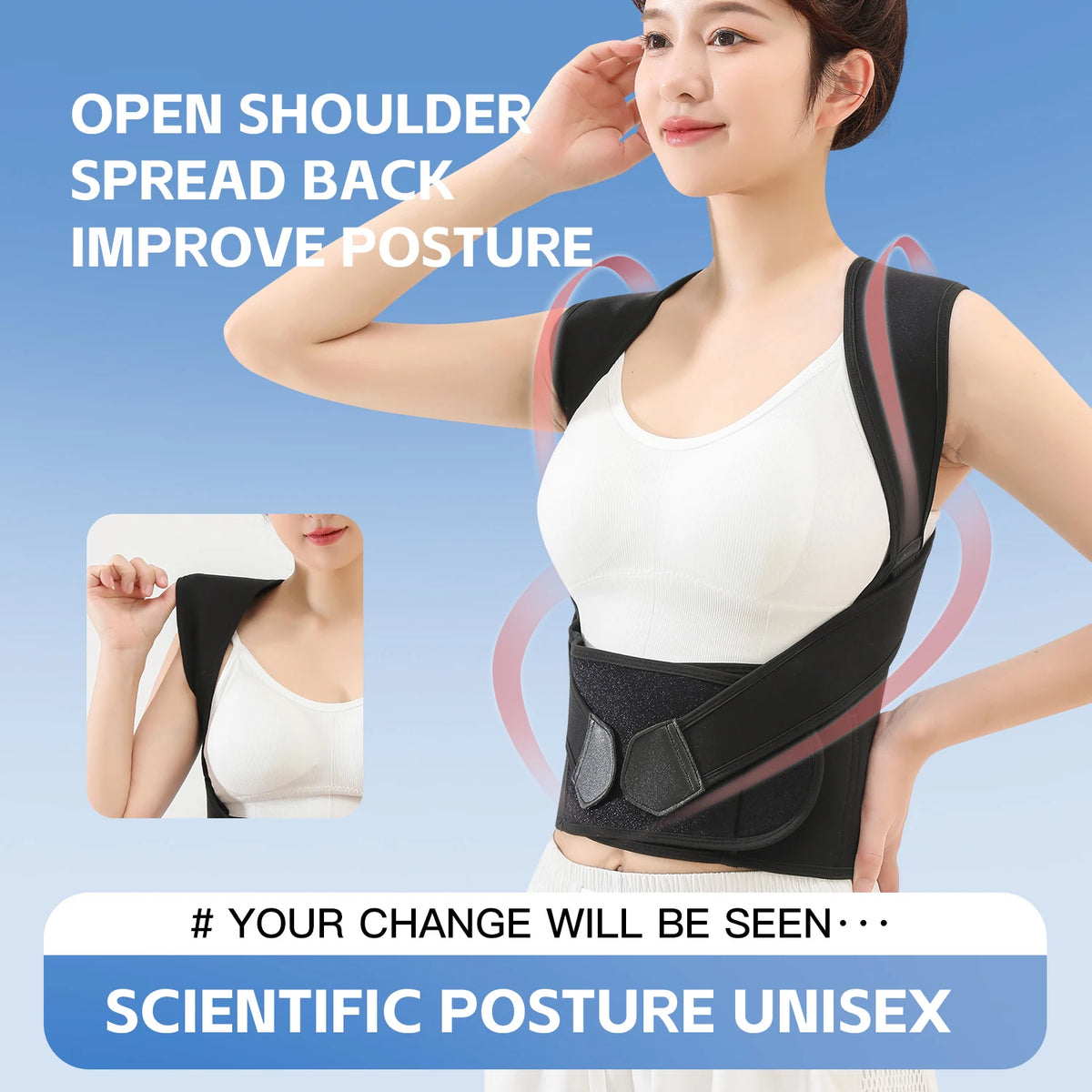 A woman demonstrates an open shoulder spread back brace posture corrector for improving posture.