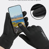 A hand wearing black fingertip touch screen gloves is holding a smartphone, with an inset showing the glove design.