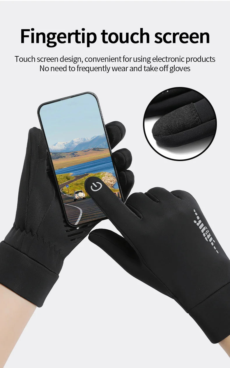 A hand wearing black fingertip touch screen gloves is holding a smartphone, with an inset showing the glove design.