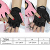Pink and black anti-slip fingerless gym gloves shown on a hand, demonstrating various sizes.
