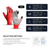 A set of red and gray performance cycling gloves in various sizes S, M, L, and XL shown with size measurements.